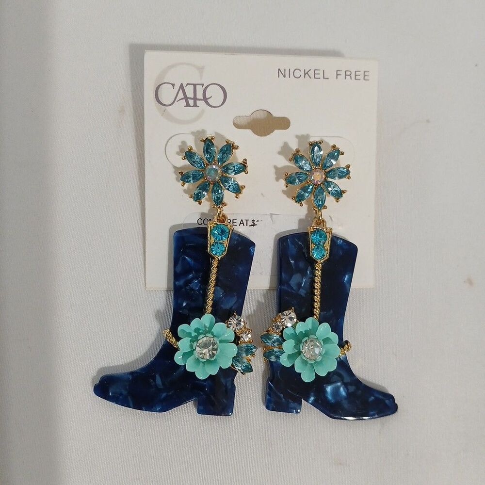 CATO Rhinestone Cowboy Boots Drop Earrings 2" Pierced 80s Statement Blue